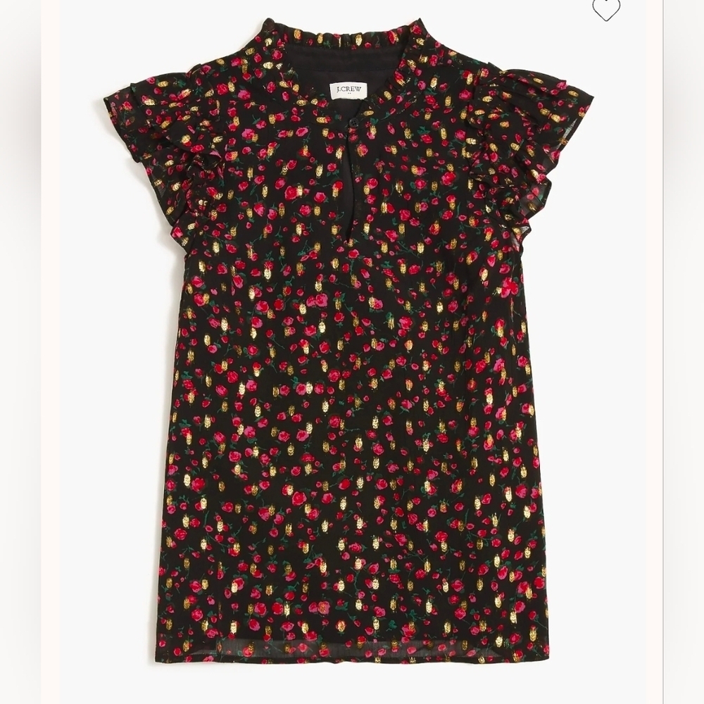❤ J CREW RUFFLE NECK FLUTTER SLEEVE FLORAL TOP / BLOUSE, MEDIUM